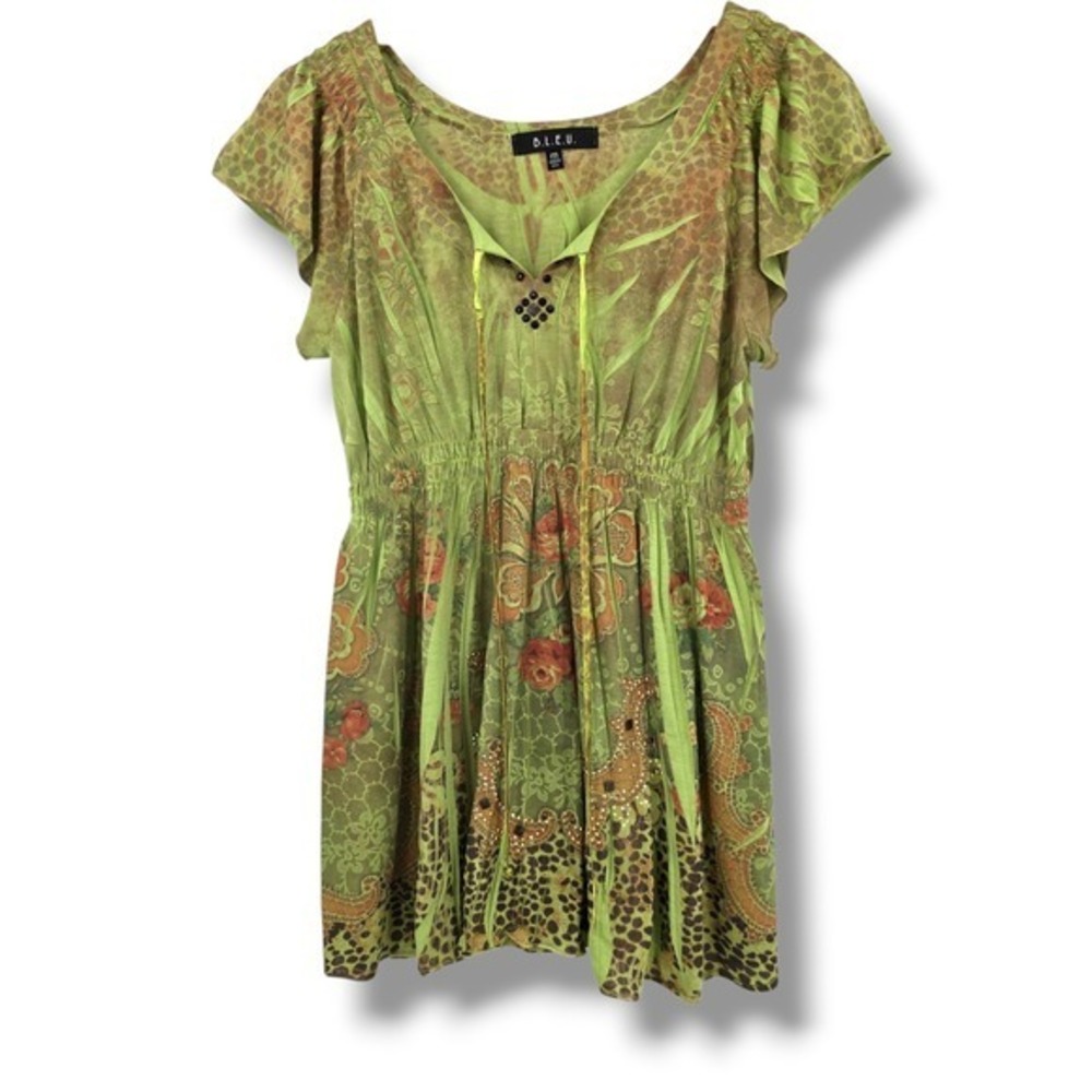 B.L.E.U. Green Floral Paisley Print Top Womens Size Medium‎ Short Sleeve Y2k